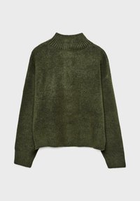 Maglione verde a maglia con colletto alto a coste, spalle scese e orlo a coste. Tessuto morbido e texture, con vestibilità rilassata.