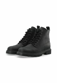 Botas de cuero negro hasta el tobillo con puntera redonda, diseño de cordones, cuello acolchado y suela de goma resistente con profundos surcos para mayor tracción.
