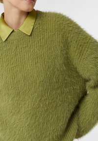 Zielony, puchaty sweter o teksturowanym wykończeniu, z jasnolekko zielonym satynowym kołnierzem. Okrągły kształt, długie rękawy i miękki, pluszowy materiał.