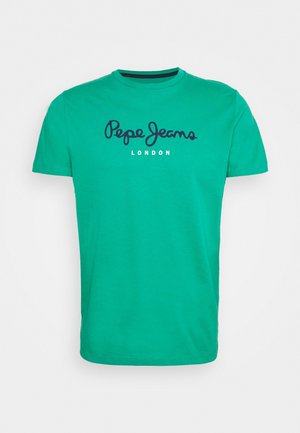 T-shirt verde a maniche corte con scollo a girocollo con il logo "Pepe Jeans London" in bianco e nero al centro del petto.