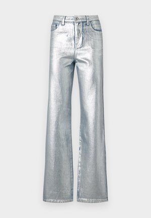 Metallic silver wide-leg jeans with faded texture, button closure, and five-pocket design. Distinctive shine with loose fit.