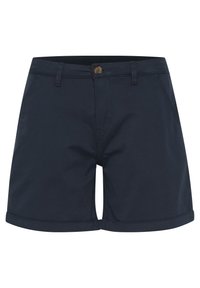 Tmavě modré bavlněné šortky s knoflíkovým zapínáním, poutky na opasek a bočními kapsami; spodní okraj je zaříznutý. Jednoduchý, čistý design.