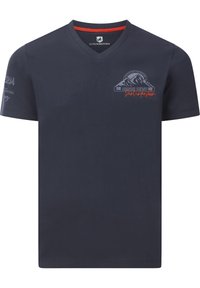 Navy blue cotton t-shirt with a v-neck. Features mountain graphic and "Nordic Views" text in gray and orange. Short sleeves, plain back.