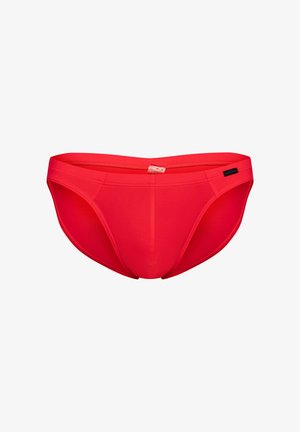 Felrode herenonderbroek in slipstijl met elastische tailleband en zichtbaar merkje aan de rechterkant.