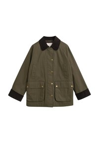Olive green jacket with a brown corduroy collar, large front pockets, and gold snap buttons. Features a relaxed fit and long sleeves.