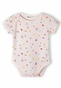 Light pink short-sleeve onesie featuring colorful fruit and flower patterns with black dots, made of soft cotton fabric, snap closure at the bottom.