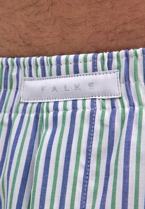 Shorts en coton avec rayures verticales vertes, bleues et blanches. Comprend une étiquette cousue indiquant "FALKE" sur la ceinture.