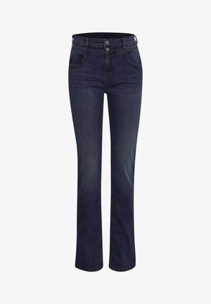 Mørkeblå denimjeans med lige ben, der har en mellemhøj talje, to forlommer og knaplukning.