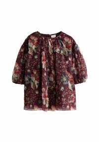 Bluse aus durchsichtiger bordeauxfarbener Stoff mit Blumenmuster. Sie hat Puffärmel, einen gerafften Ausschnitt und einen bunten Blumenprint mit rosa, blau und cremefarbenen Akzenten.