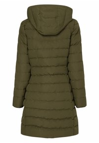 Olivgrön vadderad jacka med huva, med quiltad design och ribbad struktur, som når till mitten av låret, utan synliga stängningar.