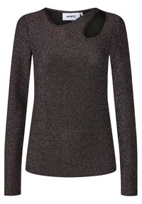 Svart långärmad topp med glittrig textur, med rund hals och ett utskuret detaljer på vänster axel.