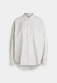 Chemise à manches longues à rayures verticales beige et blanches, dotée d'un col à boutons, d'une poche poitrine et d'un ourlet arrondi.