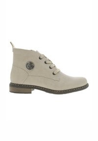 Bottines en cuir beige avec un bout arrondi, fermeture à lacets, coutures sur les côtés et un détail de logo circulaire sur le côté extérieur.