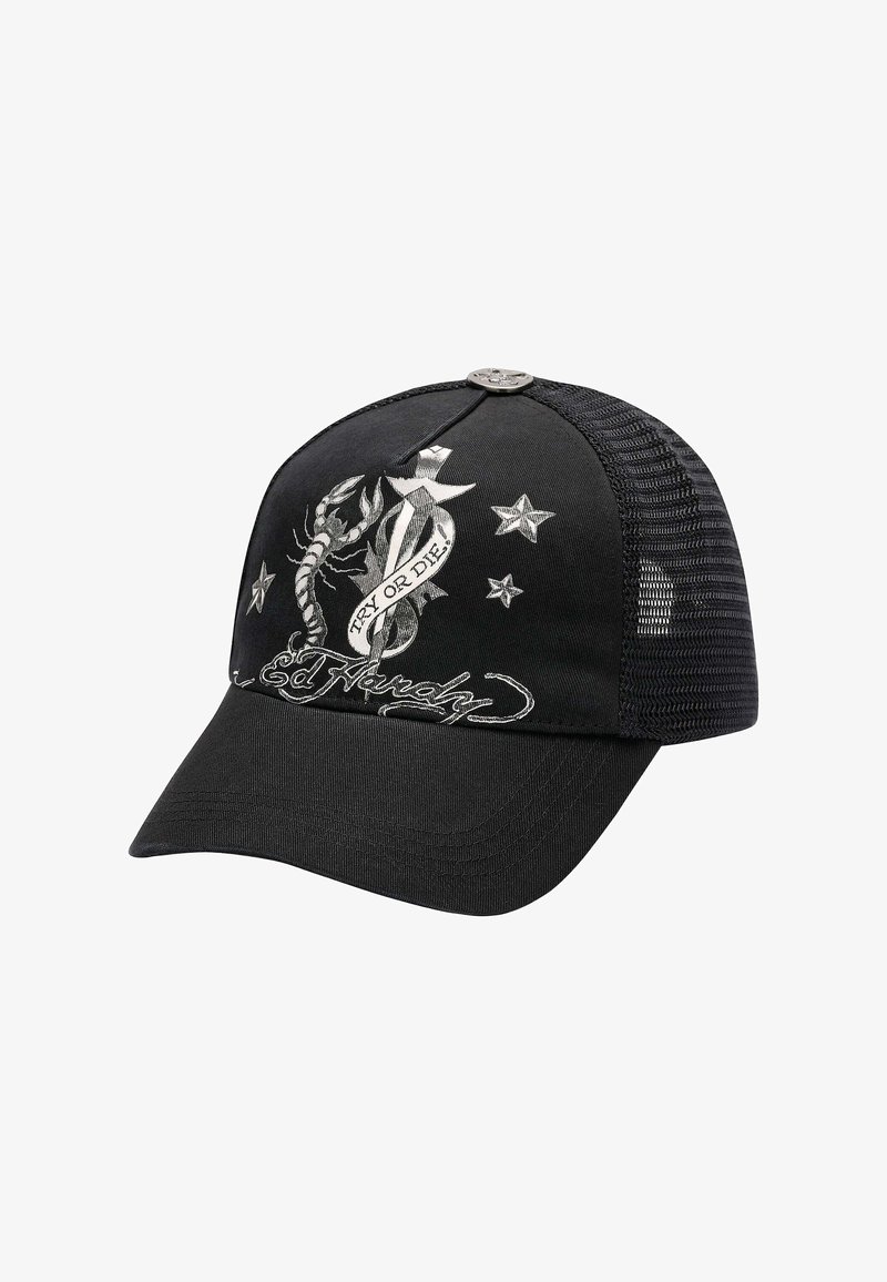 Black trucker hat featuring embroidered graphics, including a scorpion and stars. Mesh back, curved peak, solid fabric front with text detail.