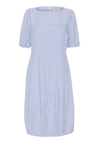 Csíkos ruha világoskék és fehér színekben. Rövid puffos ujjakkal, négyzet alakú nyakkivágással és enyhén ráncolt szoknyával rendelkezik. Könnyű anyagból készült.