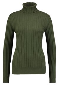 Pull à col roulé côtelé de couleur vert olive, fabriqué en tissu tricoté doux. Comprend des manches longues et une silhouette ajustée avec un col haut.