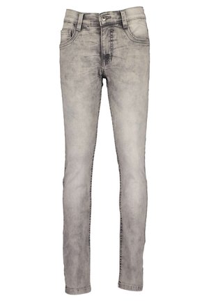 Lysegrå slim-fit jeans med falmede detaljer, frontknaplukning og forlommer.
