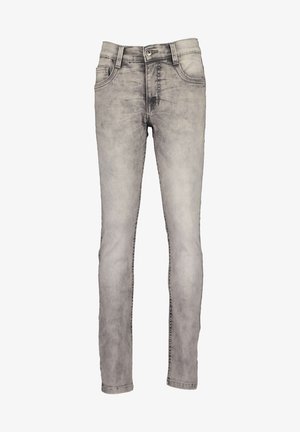 Lichtgrijze slim-fit jeans met vervaagde details, knoopsluiting aan de voorkant en voorzakken.