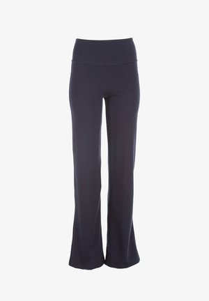 Mørkeblå, flagrende bukser lavet af blødt, strækbart stof. Har en høj talje og en glat overflade. Ingen synlige mønstre eller hardware.