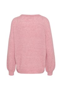 Rosa gestrickter Pullover mit lockerem Schnitt, weiten Ärmeln und weicher Textur. Verfügt über einen gerundeten Ausschnitt ohne sichtbare Muster oder Verzierungen.