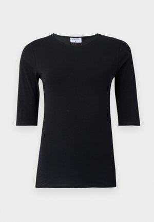 Svart langermet topp laget av mykt, elastisk stoff. Har rund hals og tettsittende silhuett med halvlang ermer.