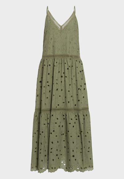 Rochie midi verde măsliniu cu bretele ajustabile, decolteu în V, broderie florală, detalii cu găuri și un design cu fustă în straturi. Material ușor.