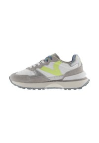 Athletic sneaker with a mix of gray suede and white leather, featuring a neon green accent, blue laces, and textured rubber sole.