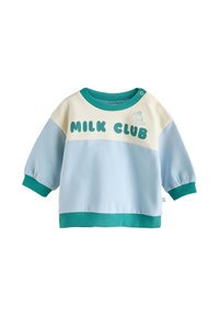 Pastel blue and cream toddler sweatshirt with teal collar and cuffs, "MILK CLUB" text and small milk bottle graphic on front.