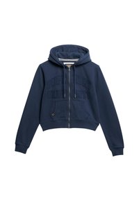 Haut à capuche cropped bleu marine en tissu doux, avec fermeture éclair à l'avant, deux poches avant et texte en relief "Superdry University".