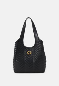 Black quilted leather handbag with a curved top, featuring a gold logo accent and dual flat shoulder straps. Chevron pattern detailing visible.