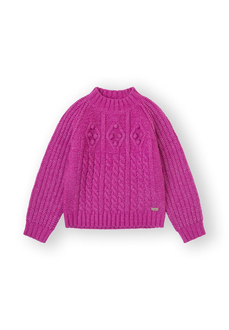 Jersey de punto grueso de color rosa brillante con patrones de cables y pompones texturizados, con cuello, puños y dobladillo acanalados, exhibido plano sobre un fondo blanco.