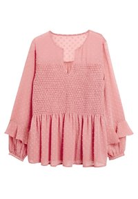 Blouse rose à manches longues avec un bodice smocké, des pois texturés et un ourlet évasé. Présente un décolleté en V et des poignets à volants.