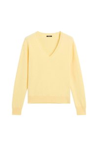 V-Ausschnitt Pullover aus weichem gelben Strickstoff, mit langen Ärmeln und geripptem Saum. Einfaches Design mit lockerer Passform.