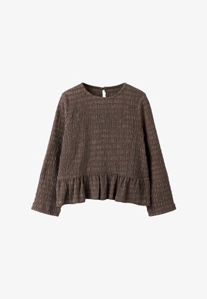 Braunes, strukturiertes Oberteil mit langen Ärmeln, das einen gerafften Peplum-Saum und eine kleine Schlüssellochöffnung am Rücken aufweist. Hergestellt aus leichtem Stoff.