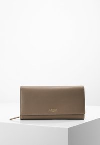Light brown leather wallet with a textured surface, rectangular shape, and a gold logo. Zipper detail on the side for secure closure.