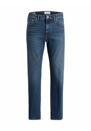 Donkerblauwe denim jeans met een rechte pijpdesign, voorzien van vijf zakken, contrasterende stiksels en een gebrandmerkte tailleband.