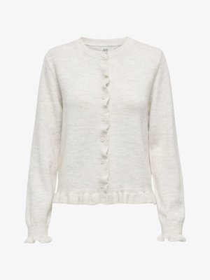 Ljusgrå kofta i mjukt tyg med rund halsringning, långa ärmar, knappar fram och volangdetaljer vid fåll och muddar.