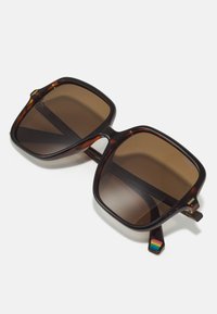 Gafas de sol cuadradas con tinte marrón y montura de carey, que presentan un detalle de rayas multicolores en la patilla.