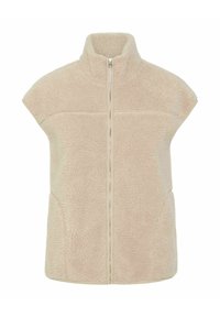 Beige, mouwloze fleece vest met volledige rits aan de voorkant en hoge kraag, voorzien van een zachte, textuurstof en zijzakken.