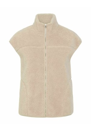Gilet sans manches beige en polaire avec fermeture éclair à l'avant et col haut, doté d'un tissu doux et texturé ainsi que de poches latérales.