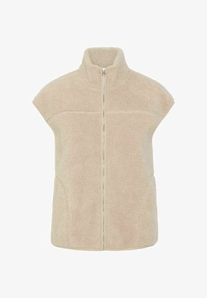 Beež, varrukateta fliisvest, millel on täielik eesmine lukku ja kõrge kaelus, iseloomustades pehmet, tekstuurset kangast ja küljetaskut.