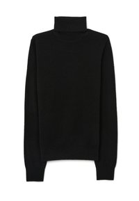 Maglione a collo alto nero con un design aderente, maniche lunghe, polsini a coste e una texture morbida. Realizzato in un caldo tessuto lavorato a maglia.