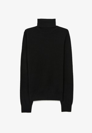 Black turtleneck sweater with a fitted design, long sleeves, ribbed cuffs, and a soft texture. Made from a warm knit fabric.