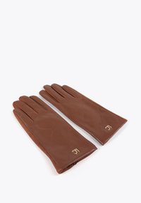 Hnědé kožené rukavice s prošívaným vzorem, hladkým povrchem a malým zlatým detailem na zápěstí. Čtyři sekce pro prsty.