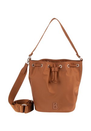 Braune Schultertasche im Eimer-Stil mit verstellbarem Riemen, Kordelverschluss und geprägt Buchstabe B vorne.