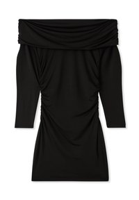 Czarna sukienka bez ramiączek z rękawami o długości trzech kwart, z dekoltem zdobionym drapowaniem i bocznymi marszczeniami, uszyta z gładkiego materiału.