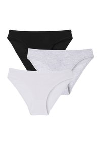 Tre paia di slip bikini in cotone, disponibili in nero, bianco e grigio chiaro. Ognuno presenta un morbido elastico in vita e fianchi senza cuciture per il massimo comfort.