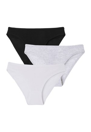 Drie paren katoenen bikini slipjes in zwart, wit en lichtgrijs. Elk slipje heeft een zachte tailleband en naadloze zijkanten voor extra comfort.