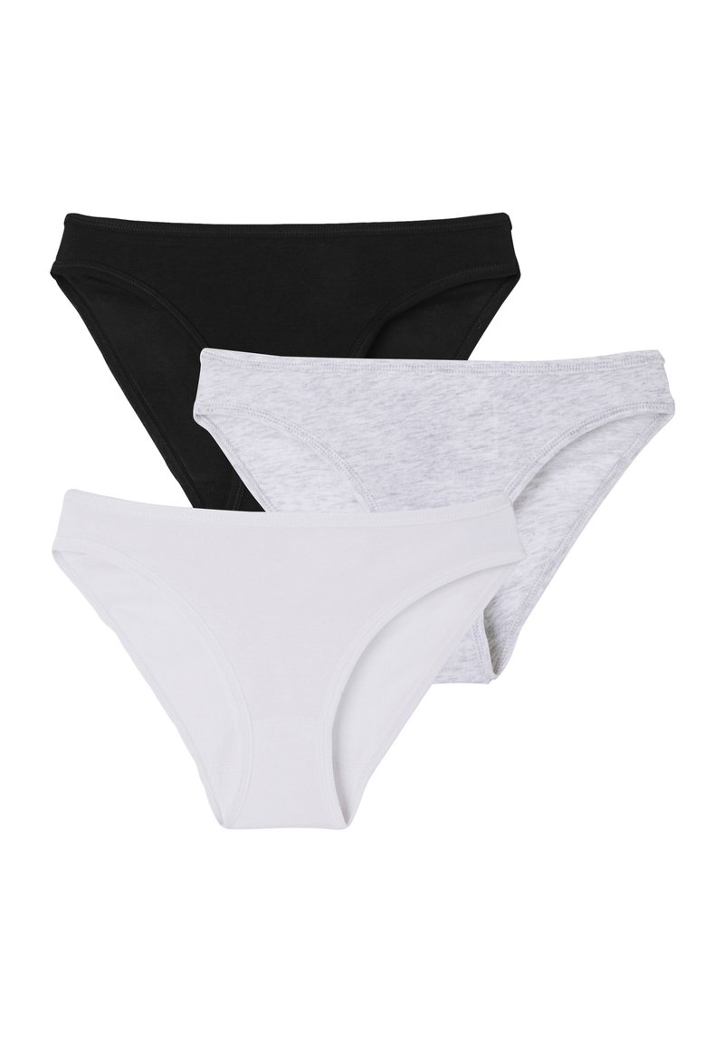 Tre paia di slip bikini in cotone, disponibili in nero, bianco e grigio chiaro. Ognuno presenta un morbido elastico in vita e fianchi senza cuciture per il massimo comfort.