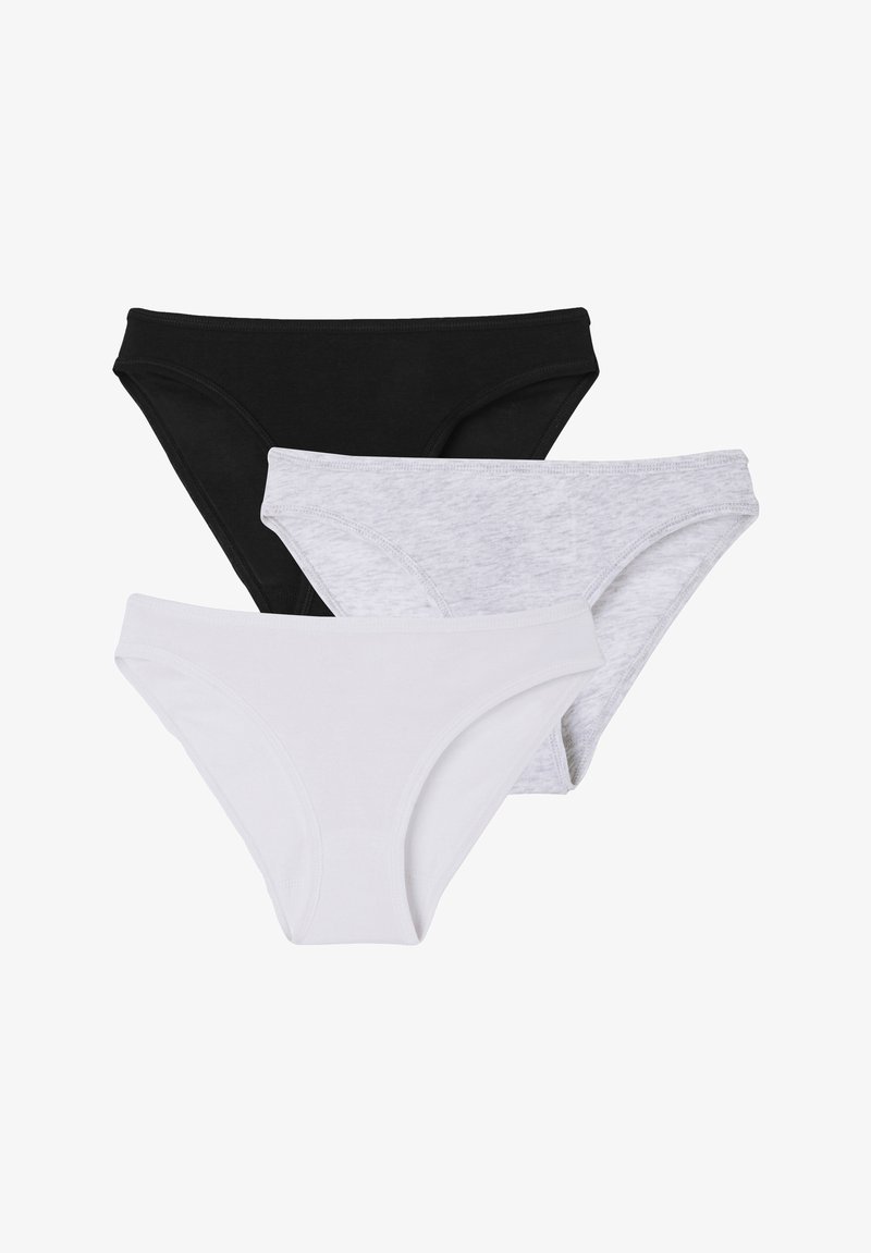 Tre paia di slip bikini in cotone, disponibili in nero, bianco e grigio chiaro. Ognuno presenta un morbido elastico in vita e fianchi senza cuciture per il massimo comfort.